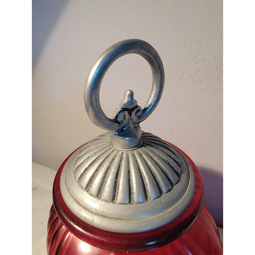 Vintage Artland‎ Painted Red Ribbed Glass Kitchen Canister Jar w Lid Large